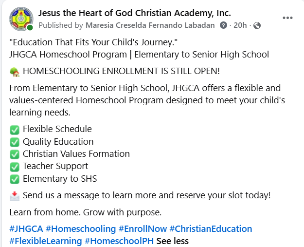 Social media post promoting flexible homeschool enrollment